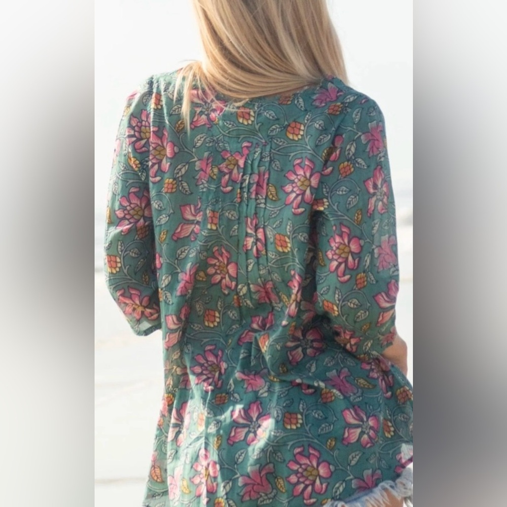 Natural Life Teal Colorful Floral Cotton Boho Summer Tunic Top - Picture 4 of 7